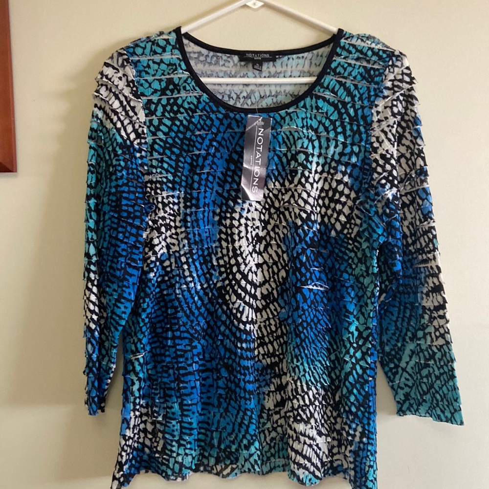 NOTATION Petite  PL Blue Ruffle/Multi-Layer Short Sleeve Blouse